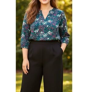 CAROLINA BELLE RUFFLE POET TOP 1X DITSY FLORAL 3/4 SMOCKED CUFF SLEEVE GEORGETTE